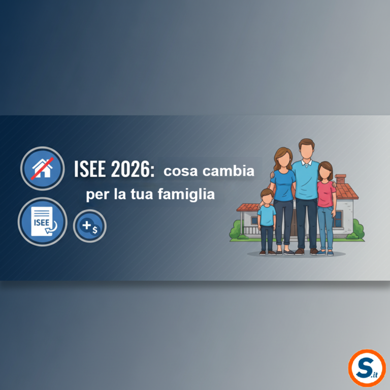 famiglia italiana (due adulti + due figli) fuori da una casa modesta; sovrapposto testo bold: “ISEE 2026: cosa cambia per la tua famiglia”