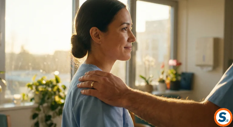Primo piano di una mano posata in modo rassicurante sulla spalla di un'operatrice sanitaria in divisa azzurra. La donna guarda verso una finestra luminosa; l'atmosfera trasmette fiducia, solidarietà e luce calda.