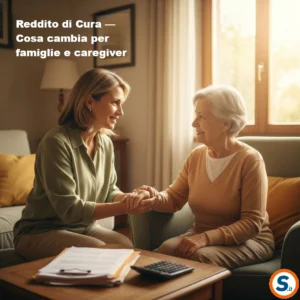 Una caregiver sorridente tiene la mano di una persona anziana seduta su una poltrona in un soggiorno luminoso. In primo piano, su un tavolino, sono visibili documenti e una calcolatrice.