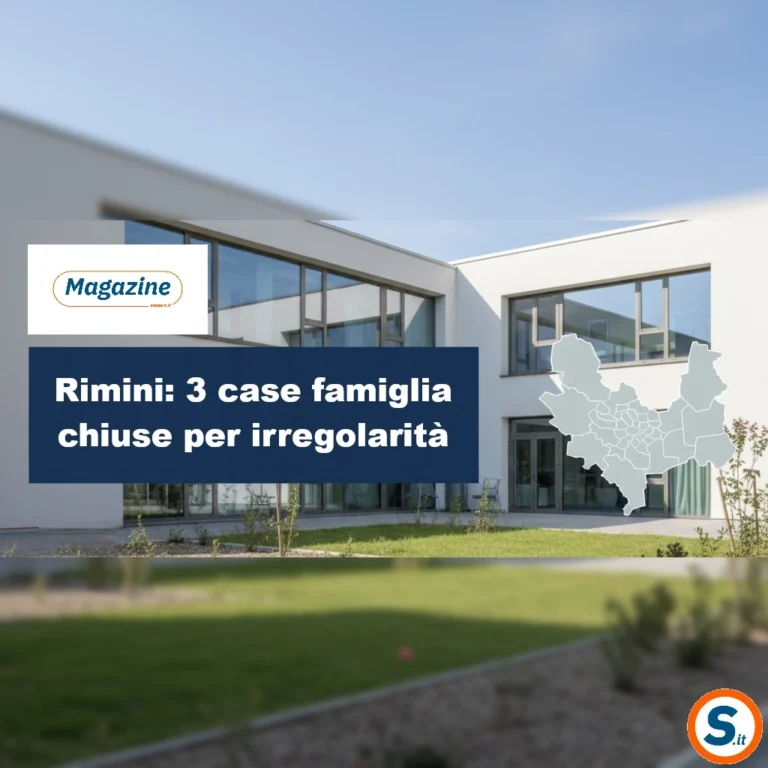 struttura sociosanitaria con cartina comunale sovrapposta e testo: ‘Rimini: 3 case famiglia chiuse per irregolarità’