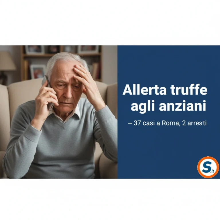 un anziano seduto in casa che parla al telefono con espressione preoccupata; in sovrimpressione il testo: ‘Allerta truffe agli anziani — 37 casi a Roma, 2 arresti’