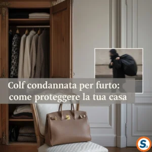 interno di una casa signorile con un armadio semiaperto e una borsa di lusso in primo piano; in un riquadro laterale una immagine sfocata di una persona che grava con un sacco nero; testo sovrapposto: ‘Colf condannata per furto: come proteggere la tua casa’