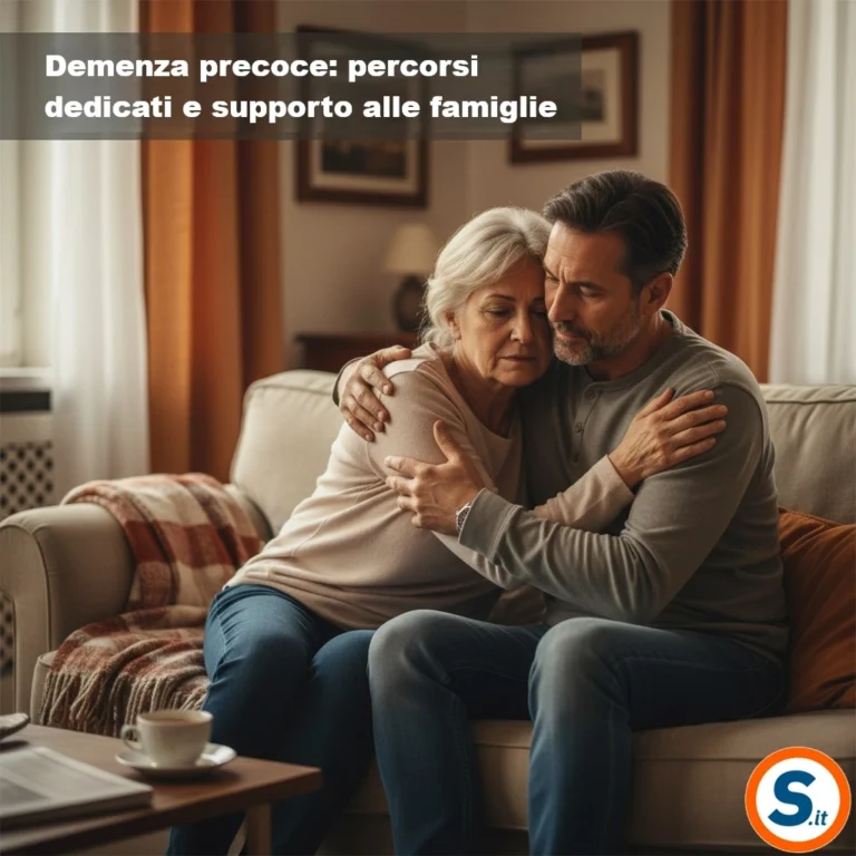coppia di età adulta seduta in un soggiorno con un familiare che lo abbraccia. Toni caldi ma realistici, messaggio di cura e difficoltà. Sovrapposizione testuale discreta: ‘Demenza precoce: percorsi dedicati e supporto alle famiglie’
