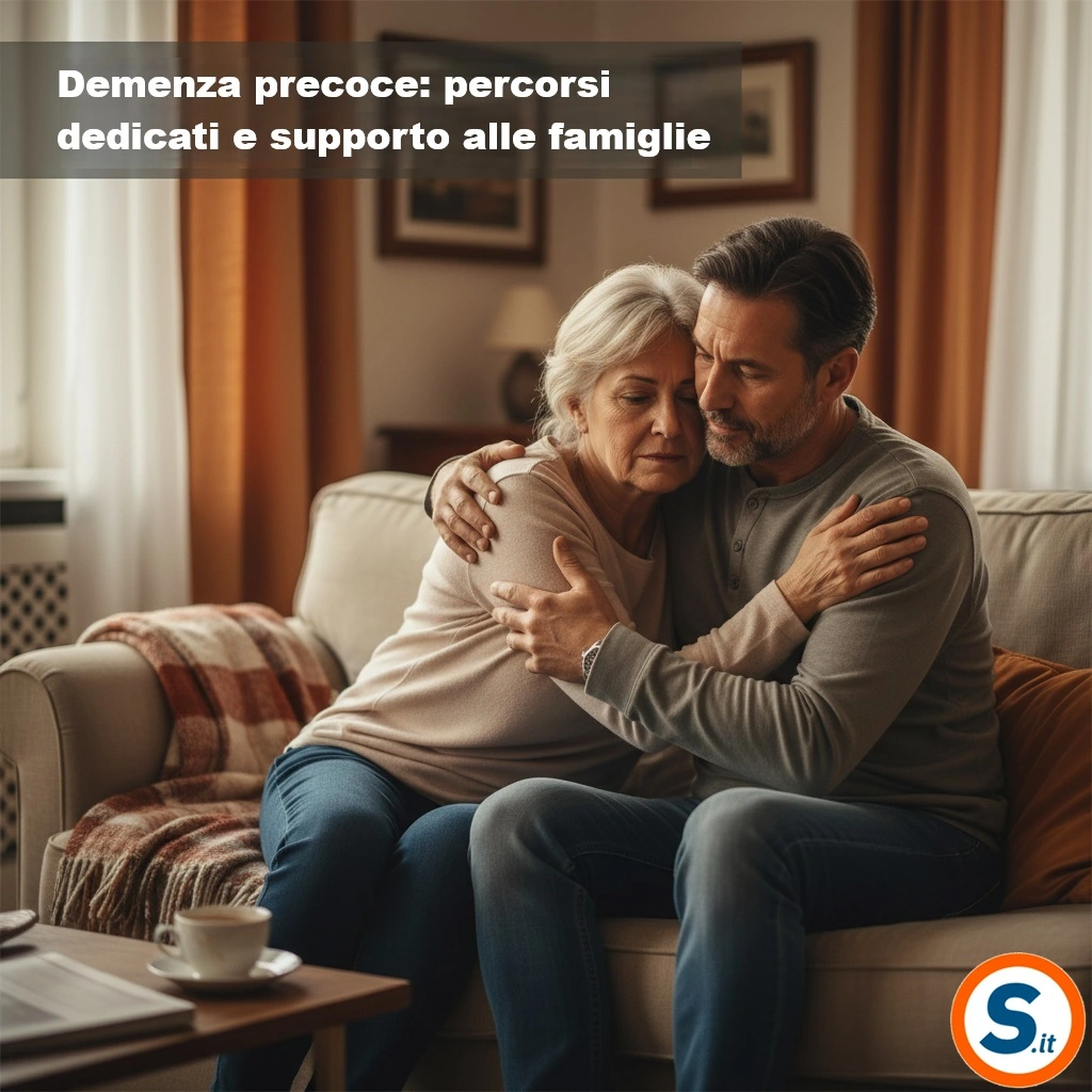 coppia di età adulta seduta in un soggiorno con un familiare che lo abbraccia. Toni caldi ma realistici, messaggio di cura e difficoltà. Sovrapposizione testuale discreta: ‘Demenza precoce: percorsi dedicati e supporto alle famiglie’