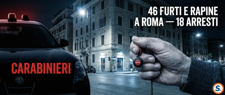Banner notturno con sagoma dell'auto dei Carabinieri e mano di un anziano che stringe un dispositivo SOS. Testo sovrapposto: 46 furti e rapine a Roma — 18 arresti.