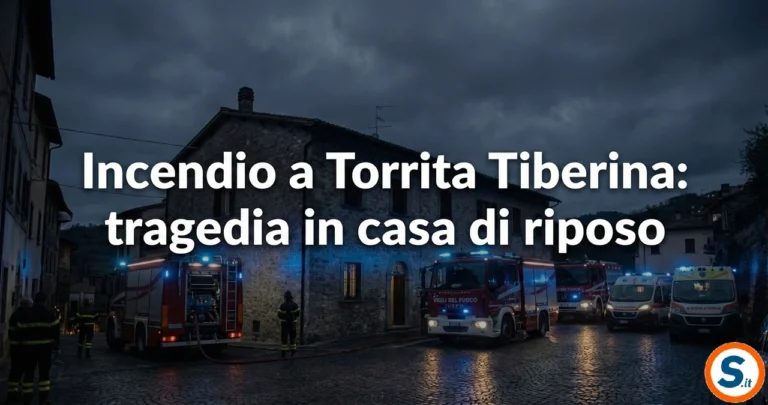 Scena notturna con mezzi dei Vigili del Fuoco e ambulanze a Torrita Tiberina; testo sovrapposto: "Incendio a Torrita Tiberina: tragedia in casa di riposo".
