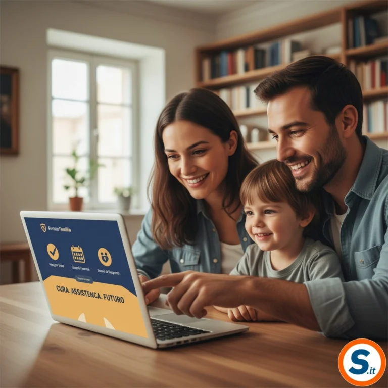 Una famiglia davanti a uno schermo (laptop/tablet) che accede a un portale ufficiale, con simboli di servizi: assegno, calendario con congedi, icone di supporto