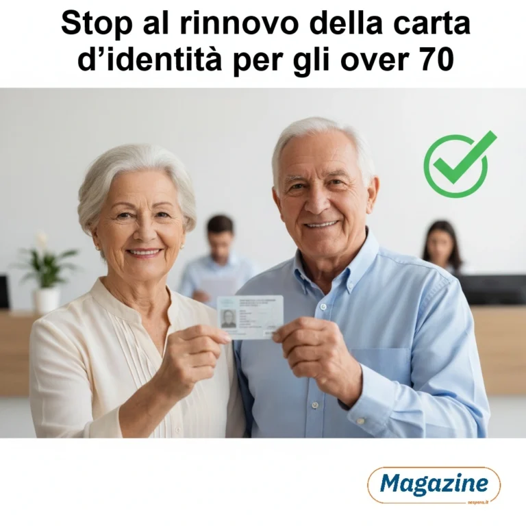 coppia anziana sorridente (uomo e donna over 70) con una carta d’identità in mano; sullo sfondo uno sportello anagrafe sfocato e un simbolo di semplificazione (icona check verde).