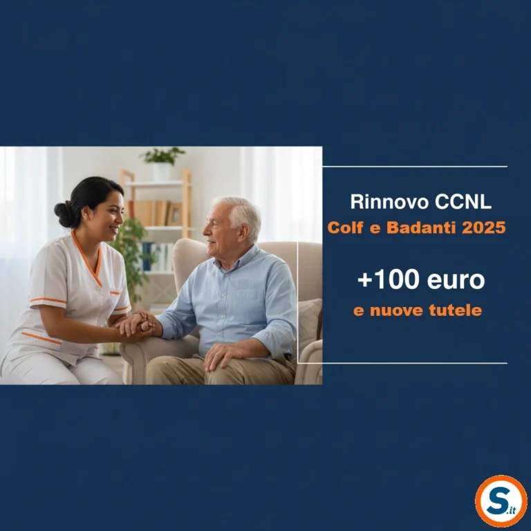 badante in divisa che assiste un anziano seduto in poltrona, sfondo familiare leggermente sfocato; testo: ‘Rinnovo CCNL Colf & Badanti 2025 – +100 euro e nuove tutele’