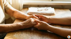 Dettaglio delle mani di una persona anziana strette con affetto da mani giovani su un tavolo con documenti, simbolo di supporto e assistenza per la terza età.