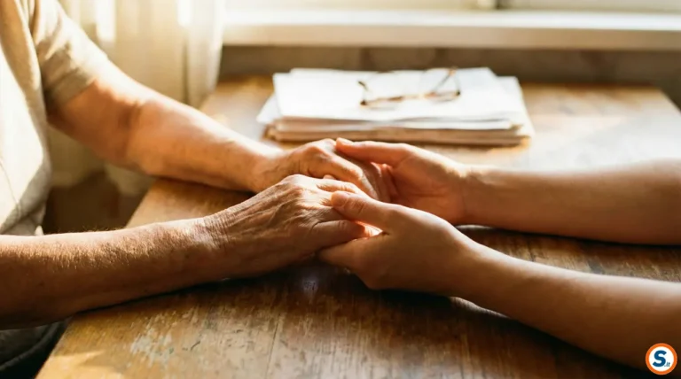 Dettaglio delle mani di una persona anziana strette con affetto da mani giovani su un tavolo con documenti, simbolo di supporto e assistenza per la terza età.