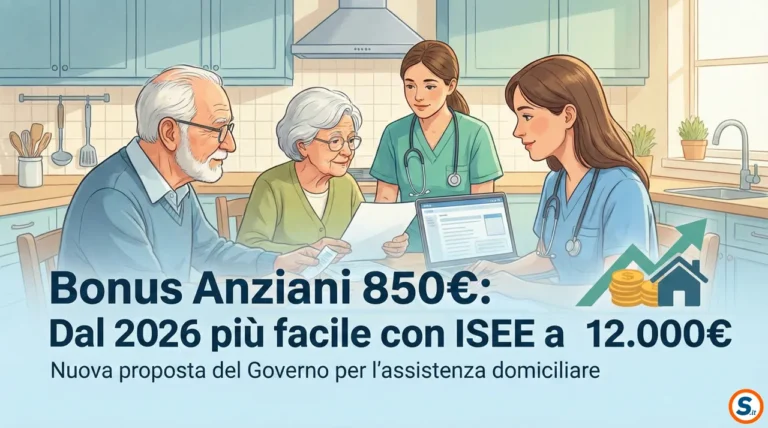 Banner illustrato con testo "Bonus Anziani 850€: Dal 2026 più facile con ISEE a 12.000€". L'immagine mostra due operatori sanitari che assistono una coppia di anziani mentre consultano documenti e un computer in una cucina.