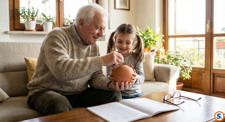 Un nonno anziano e sorridente infila una moneta in un salvadanaio di terracotta tenuto dalla sua nipotina. Sono seduti insieme su un divano in un luminoso salotto domestico. In primo piano sul tavolo ci sono un quaderno e degli occhiali.