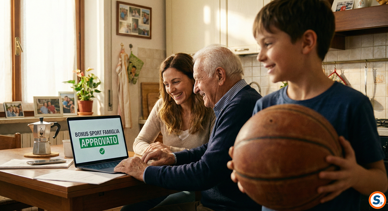 Una mamma e un nonno sorridono guardando lo schermo di un portatile in un soggiorno luminoso. In primo piano, leggermente sfocato, un bambino felice tiene in mano un pallone da basket, simboleggiando il successo di una richiesta o un bonus sport.