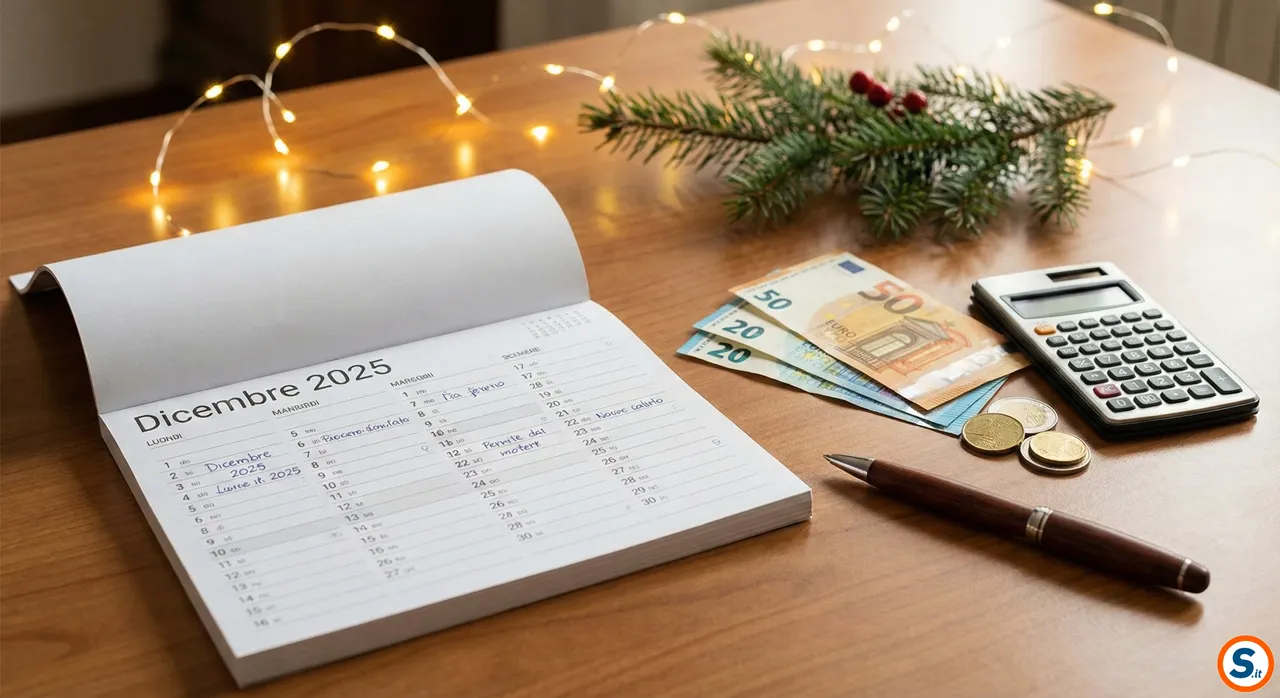 Calendario pagamenti INPS Dicembre 2025 con date pensioni, Naspi e Assegno Unico, monete euro e decorazioni natalizie.