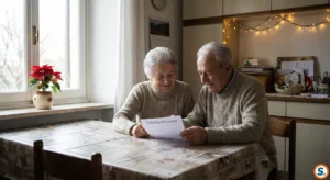 Una coppia di anziani italiani seduti al tavolo della cucina, illuminati da una luce invernale morbida. I due sorridono con sollievo guardando un cedolino della pensione. Sullo sfondo, una pianta di stella di Natale su un davanzale suggerisce il periodo festivo.