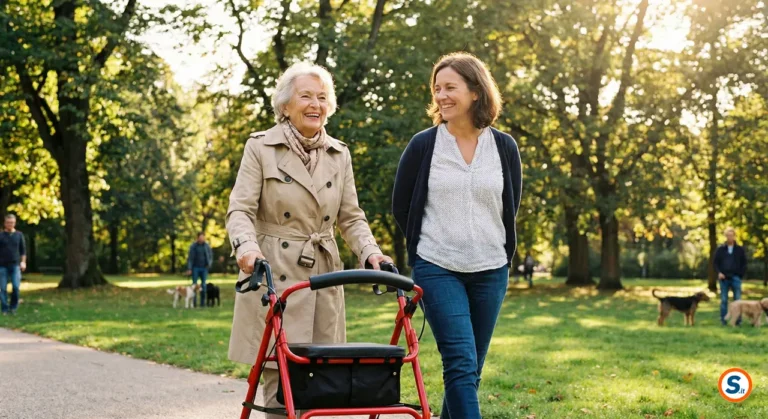 Signora anziana sorridente cammina nel parco con un rollator moderno.