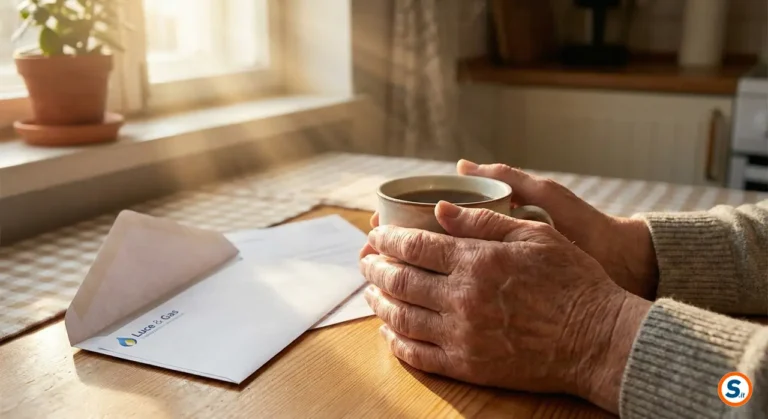 Mani di anziano su tavolo cucina con bolletta e tazza di tè, simbolo nuove povertà.