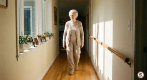 Anziana cammina sicura in corridoio illuminato e senza ostacoli per sicurezza casa anziani.