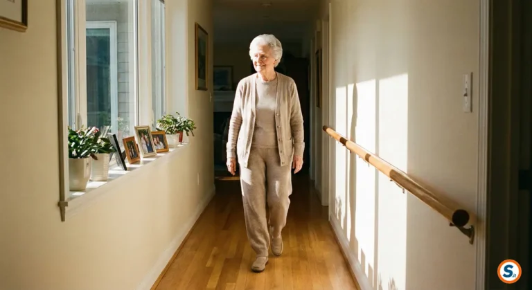 Anziana cammina sicura in corridoio illuminato e senza ostacoli per sicurezza casa anziani.