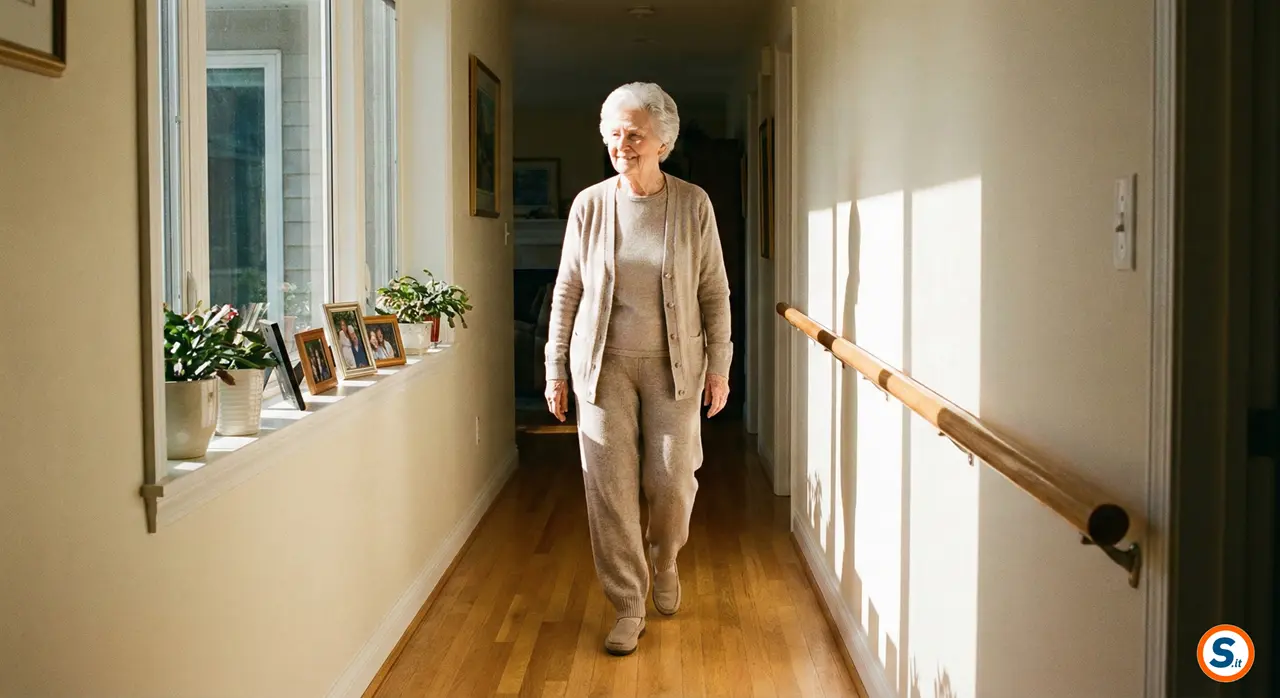 Anziana cammina sicura in corridoio illuminato e senza ostacoli per sicurezza casa anziani.