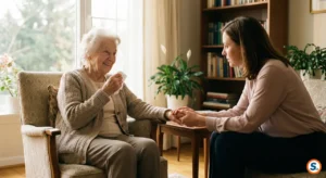 Anziana riceve supporto psicologico anziani in un ambiente domestico sereno.