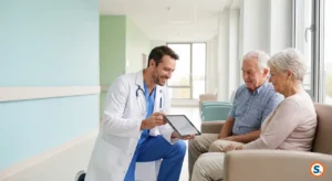 Medico spiega terapie a coppia anziana in ospedale moderno e luminoso Villa Sofia-Cervello.