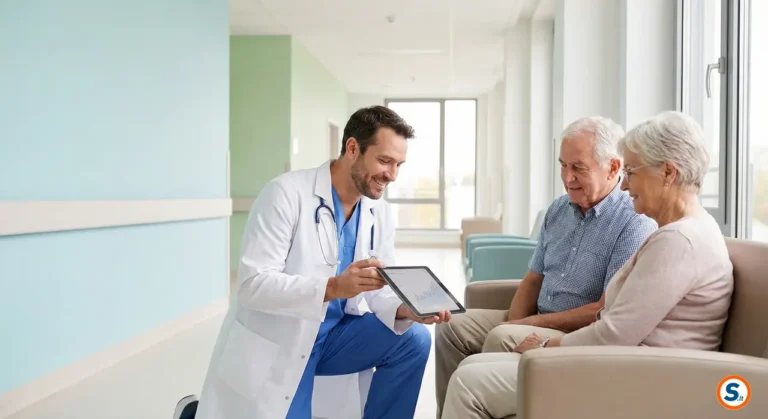 Medico spiega terapie a coppia anziana in ospedale moderno e luminoso Villa Sofia-Cervello.
