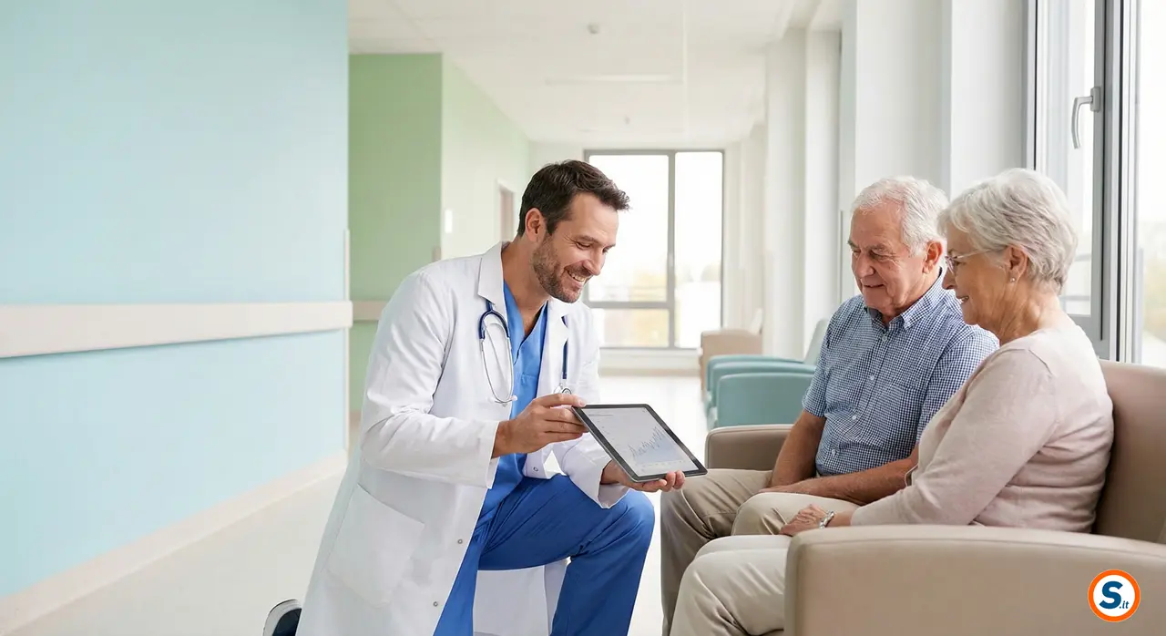 Medico spiega terapie a coppia anziana in ospedale moderno e luminoso Villa Sofia-Cervello.