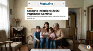 Famiglia modesta riunita sul divano legge notizie positive sull'Assegno di Inclusione 2026 su un tablet con logo Sespera Magazine
