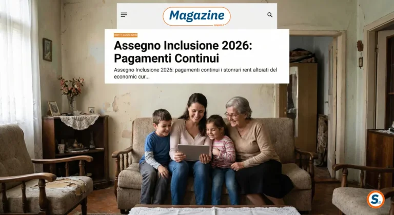 Famiglia modesta riunita sul divano legge notizie positive sull'Assegno di Inclusione 2026 su un tablet con logo Sespera Magazine