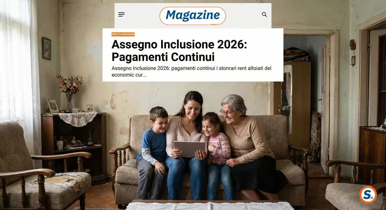 Famiglia modesta riunita sul divano legge notizie positive sull'Assegno di Inclusione 2026 su un tablet con logo Sespera Magazine