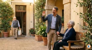 Badante assiste un'anziana nel cortile di un condominio mentre saluta un vicino.