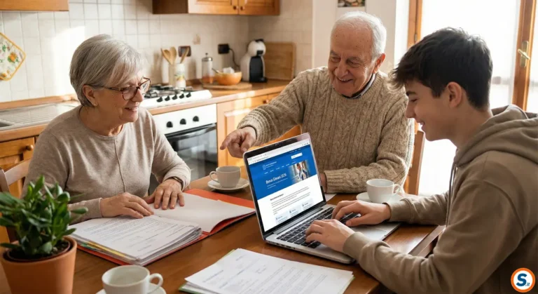 Nonni e nipote consultano documenti al computer per richiedere i bonus giovani 2026.