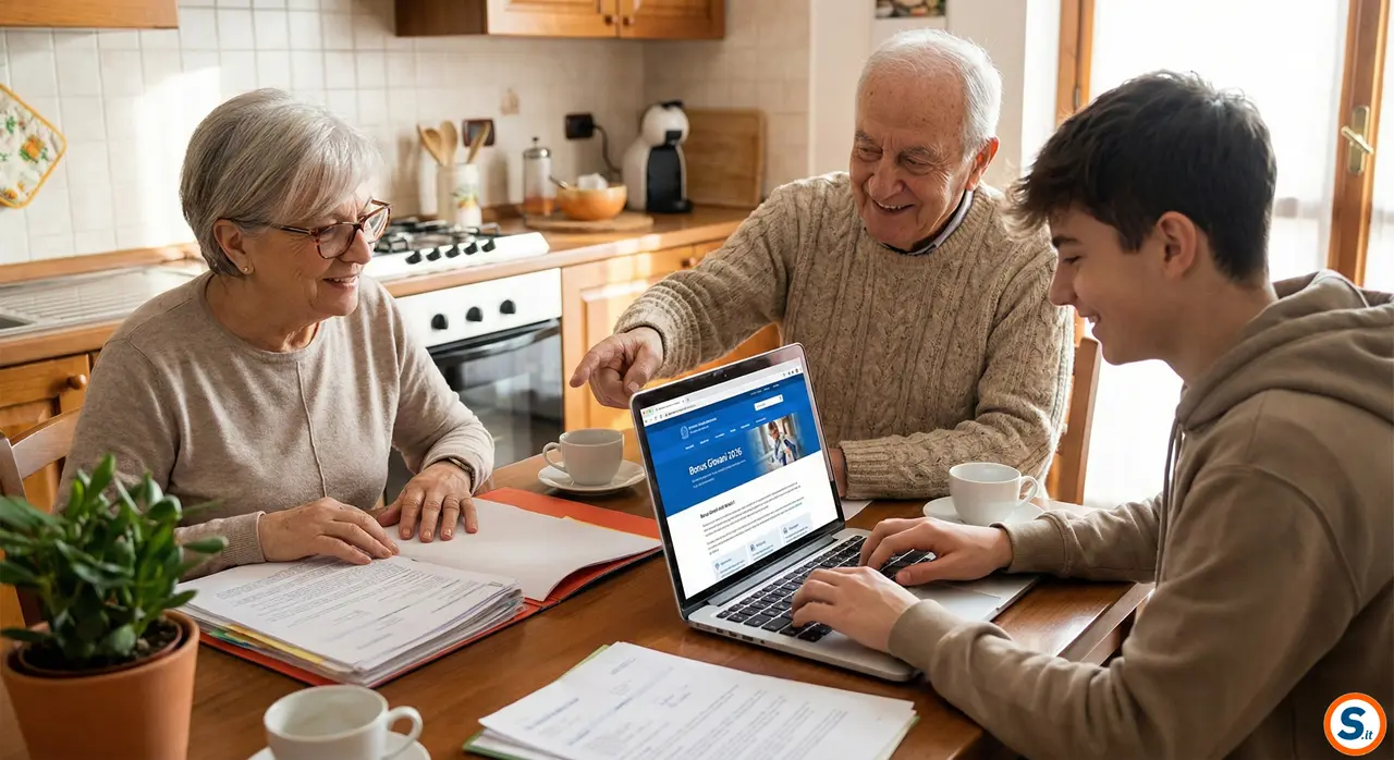 Nonni e nipote consultano documenti al computer per richiedere i bonus giovani 2026.