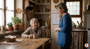 Anziana e badante sorridenti controllano insieme il calendario dei turni in cucina.