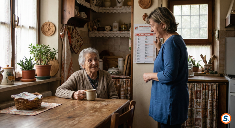 Anziana e badante sorridenti controllano insieme il calendario dei turni in cucina.