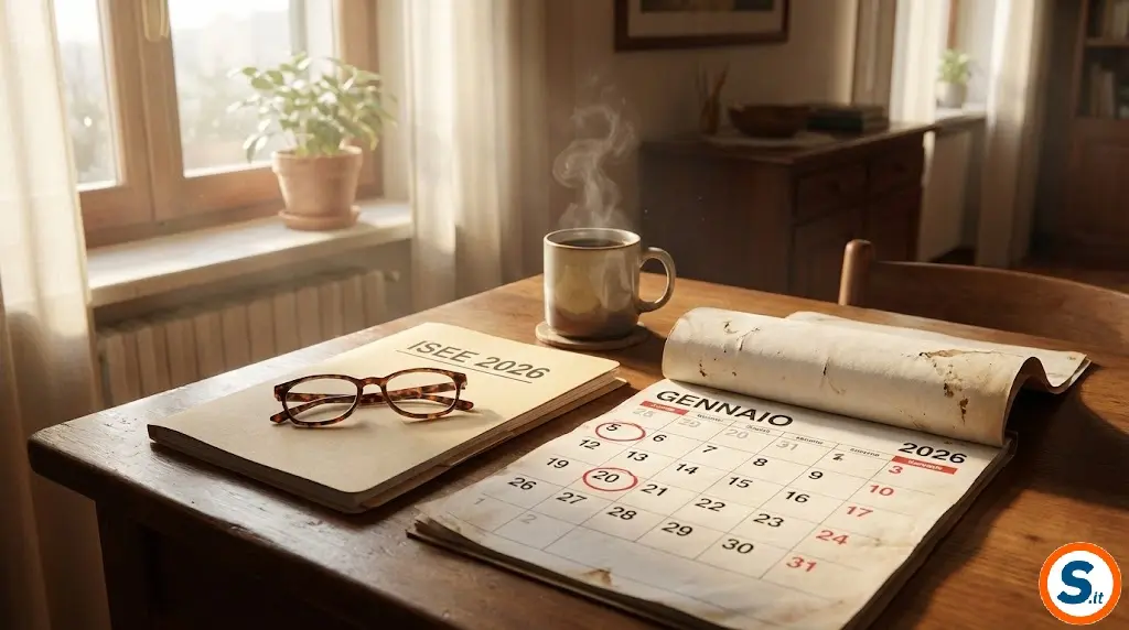 Scrivania organizzata con Calendario Gennaio 2026 e documenti ISEE pronti.