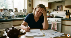 Donna caregiver stanca consulta documenti al tavolo di casa per bonus INPS.