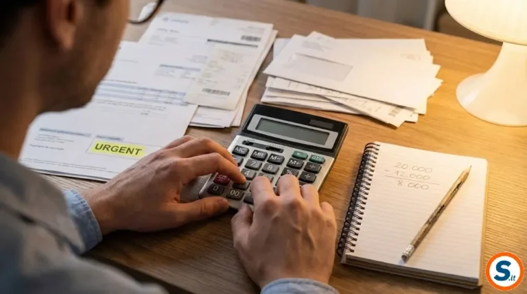Mani che usano una calcolatrice per conteggi ISEE su una scrivania con documenti.