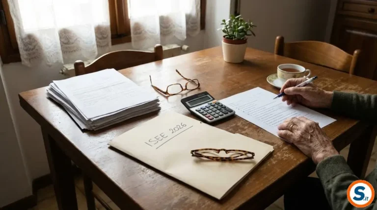 Tavolo organizzato con documenti ISEE 2026, calcolatrice e lista di controllo.