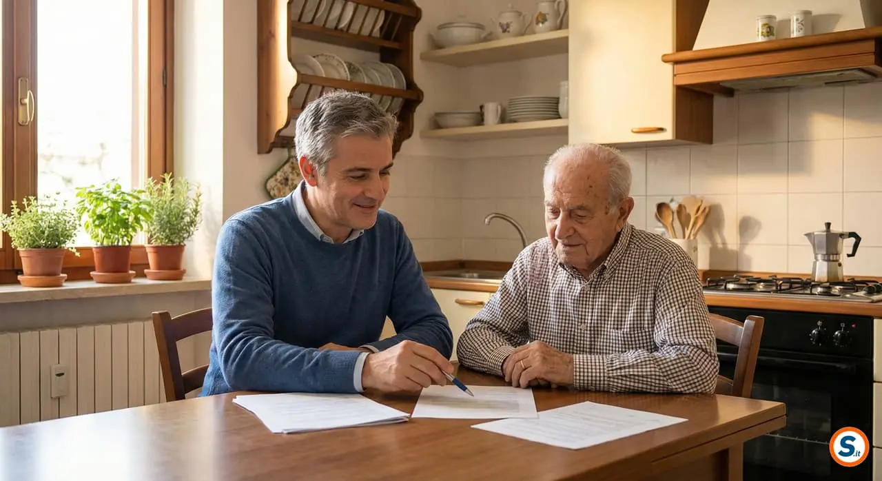 Figlio aiuta il genitore anziano a compilare la domanda INPS per l'indennità di accompagnamento.
