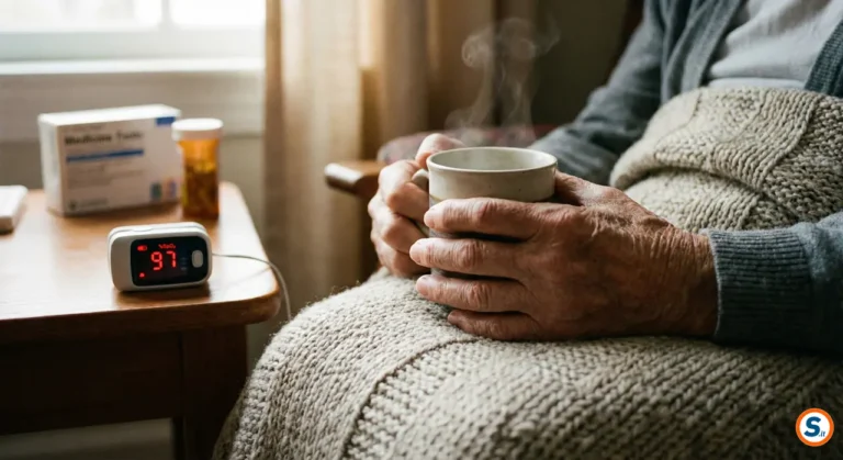 Mani di anziano con tazza calda e saturimetro sul tavolo durante influenza.
