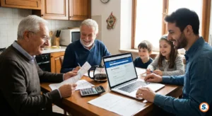 Famiglia intergenerazionale riunita al tavolo consulta documenti cartacei e un sito web su un computer portatile, con una calcolatrice, per la gestione dell'ISEE.