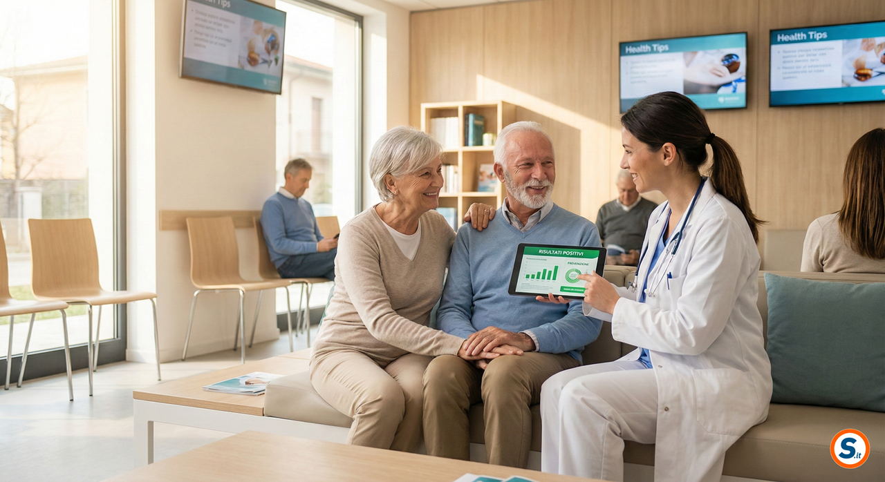 Medico spiega screening preventivi a coppia di anziani over 70.