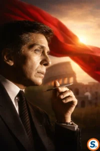 Ritratto stilista Valentino Garavani con sfondo Roma e tessuto rosso.