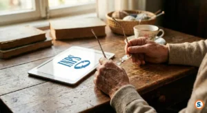 Mani di anziano vicino a un tablet per pagamenti online dei contributi.