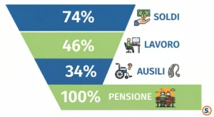 Schema delle soglie percentuali invalidità civile: 34, 46, 74 e 100 per cento.