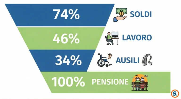 Schema delle soglie percentuali invalidità civile: 34, 46, 74 e 100 per cento.
