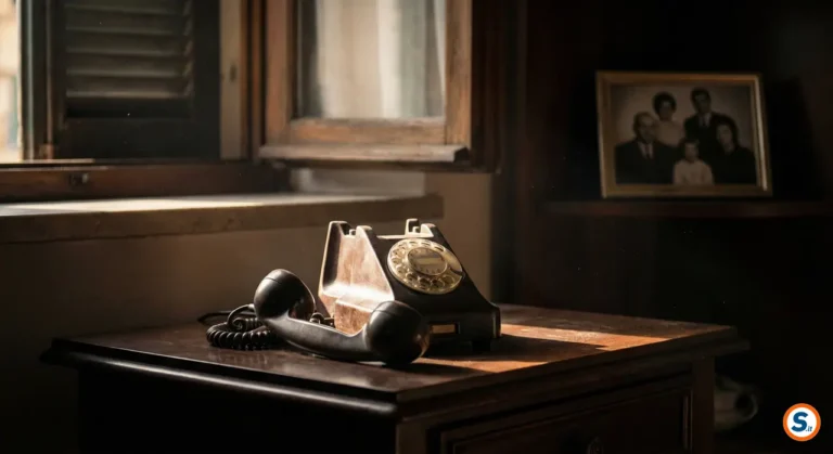 Telefono fisso con cornetta abbassata in una stanza in penombra.